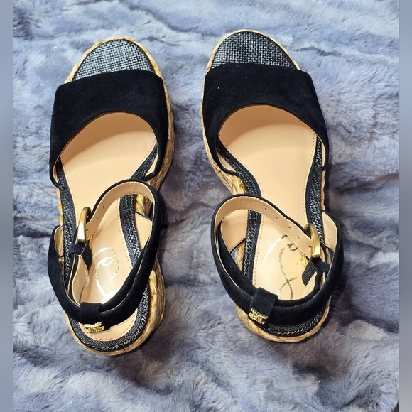 NWT Sam Edelman April Ankle-Strap Raffia-Wedge Sandals Black Size 6.5 - Picture 8 of 11